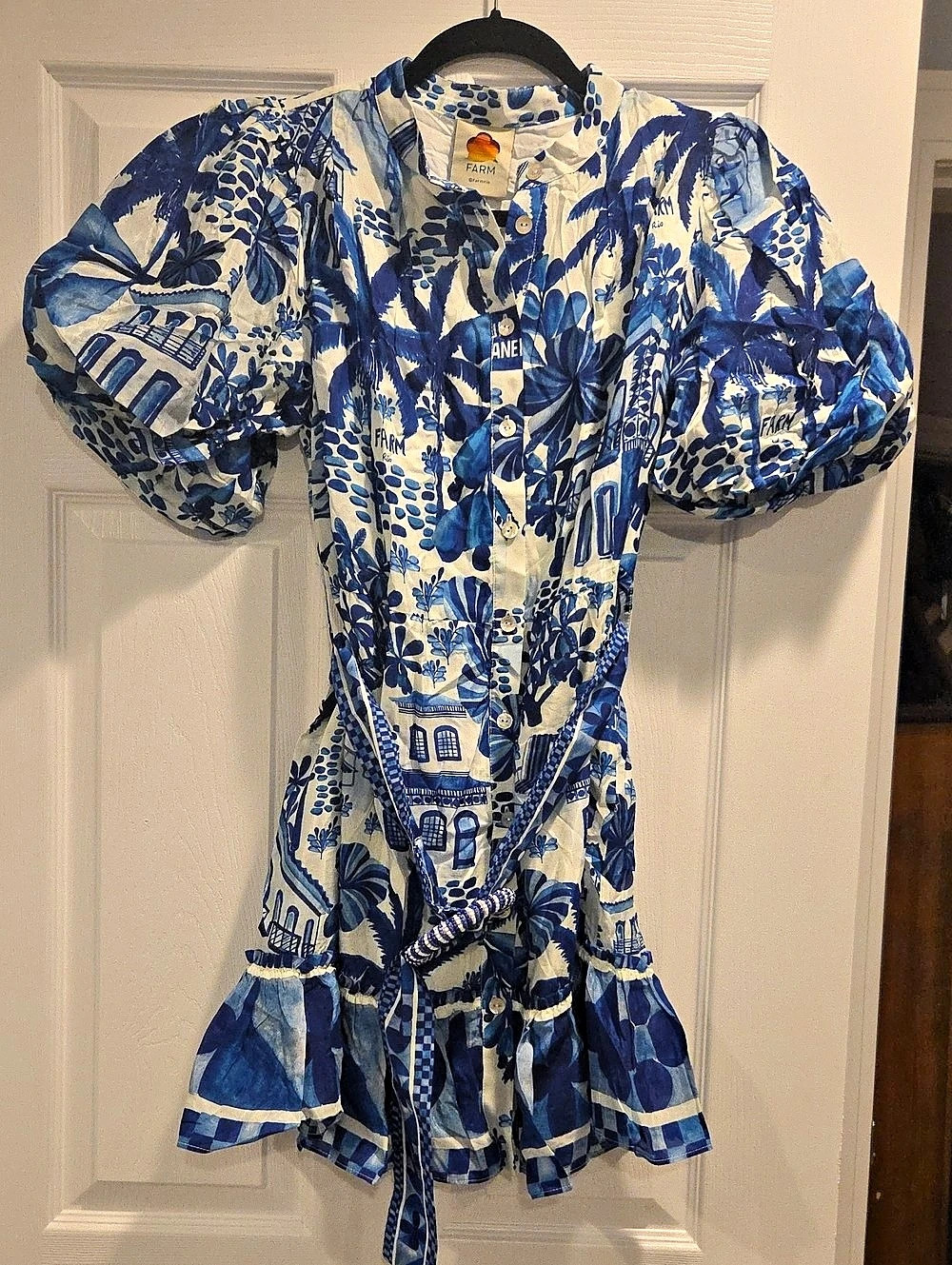 Farm Rio Sweet Rio Mini Dress Floral Mini Dress in Blue & White Size Small NWT